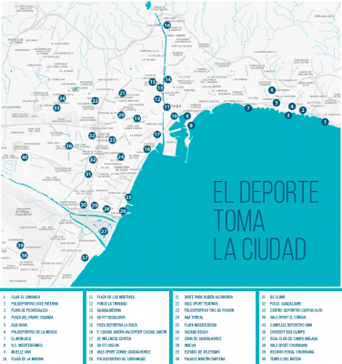 Plano ubicaciones actividades deportivas de la Fiesta del Deporte de Málaga 2017